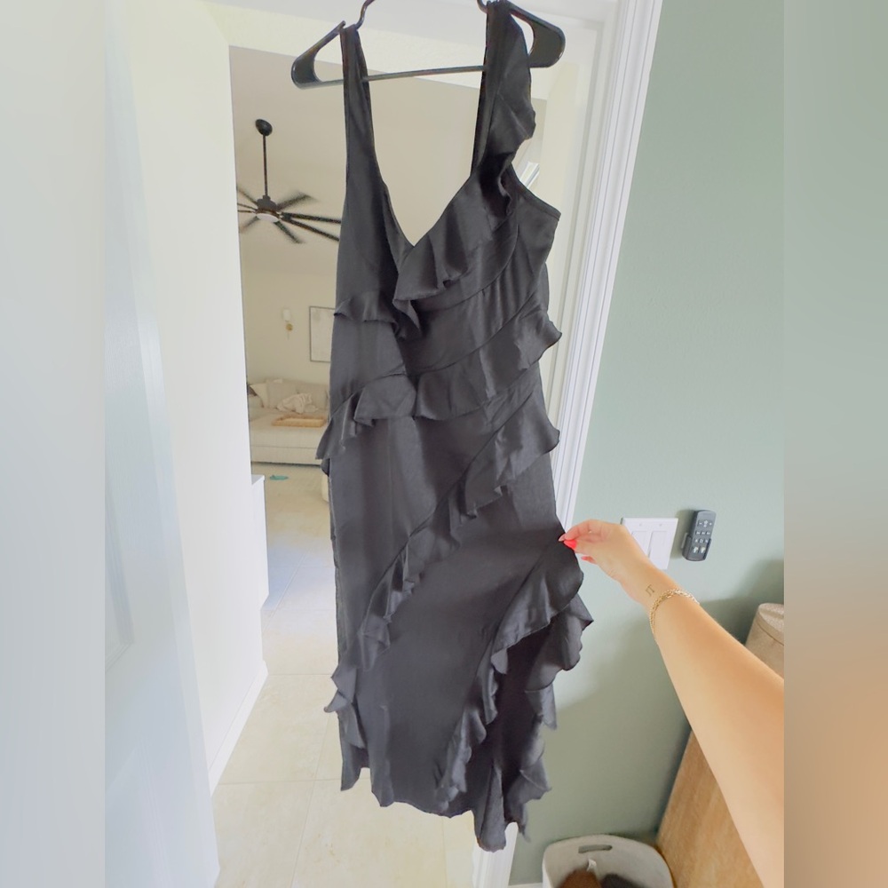 PLT Black Ruffle Dress, Matte Satin Material, long midi length